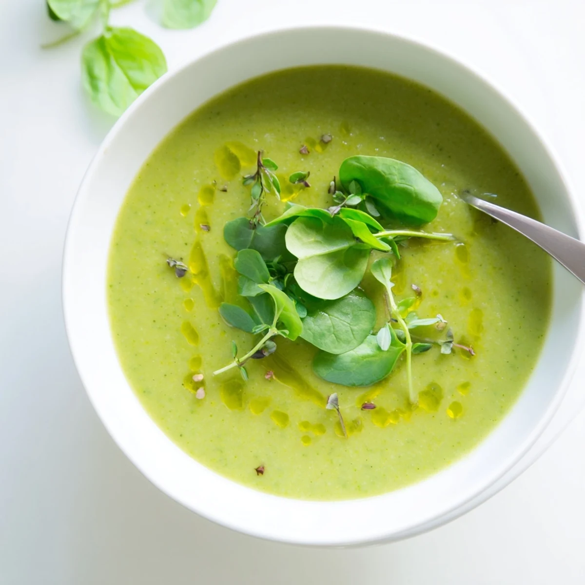 Serving suggestion for Big Green Immunity-Boosting Vegetable Soup, presented with a side of crusty whole-grain bread for dipping.