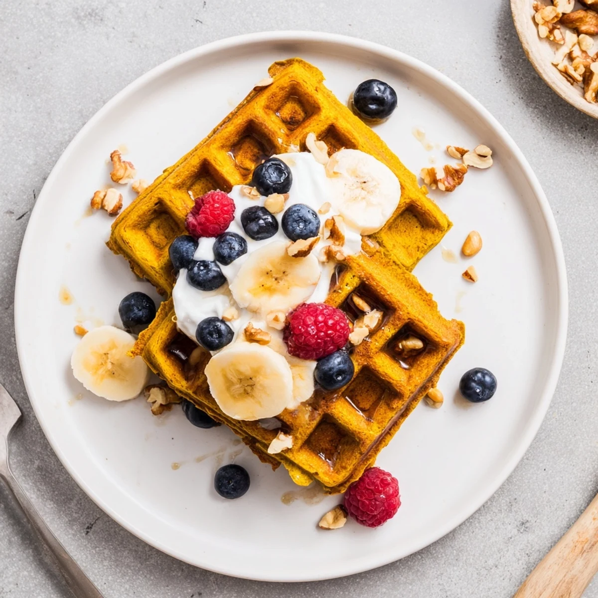 Warm Anti-Inflammatory Adaptogenic Turmeric Waffles topped with creamy coconut yogurt and sliced banana on a rustic breakfast table.