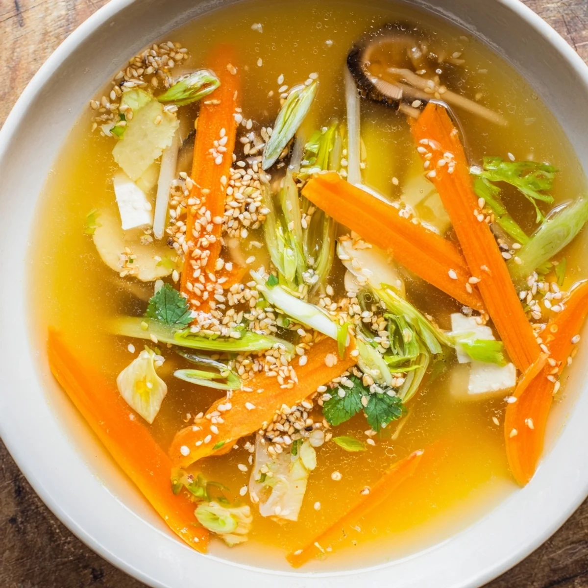 A warm bowl of Ginger-Miso Winter Soup garnished with scallions and toasted sesame seeds, ready to enjoy.