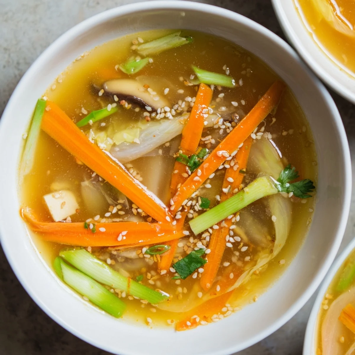 Close-up of Ginger-Miso Winter Soup featuring soft tofu cubes and a rich, golden broth garnished with cilantro.