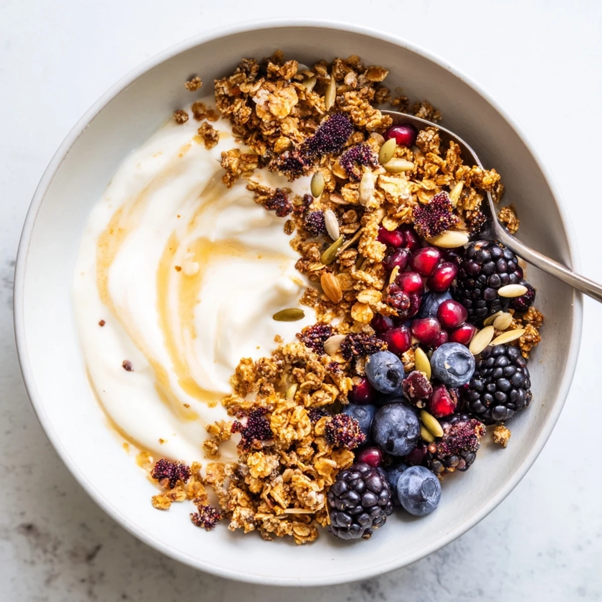 A close-up of a yogurt bowl with winter berries and spiced crunch, topped with glistening pomegranate seeds and a drizzle of honey.