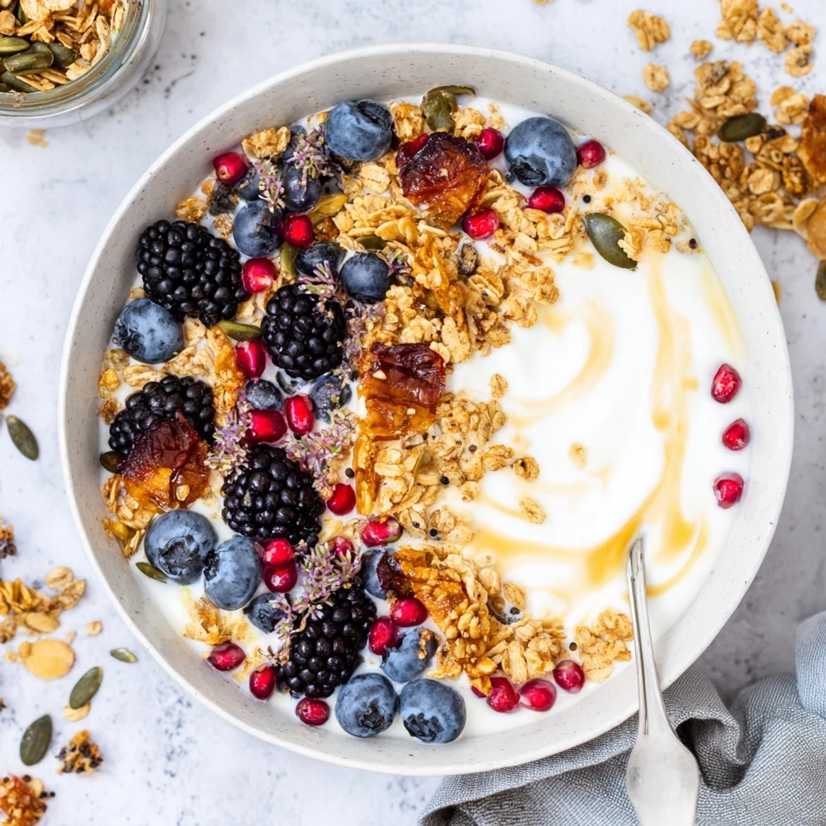 An overhead shot of a yogurt bowl with winter berries and spiced crunch, showcasing vibrant blueberries and golden toasted oats.