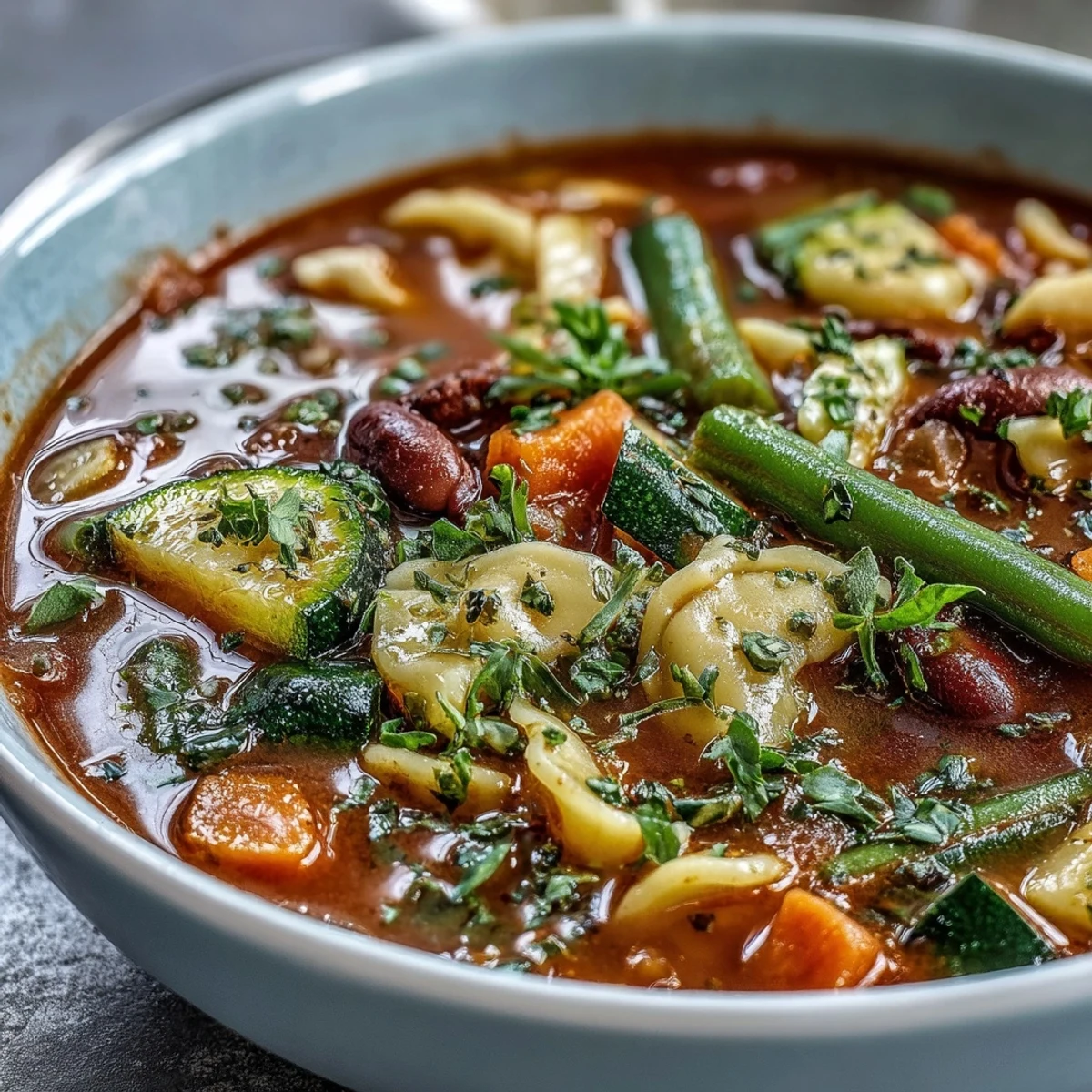 Steaming Minestrone Soup garnished with Parmesan and parsley, served with crusty bread for dipping.