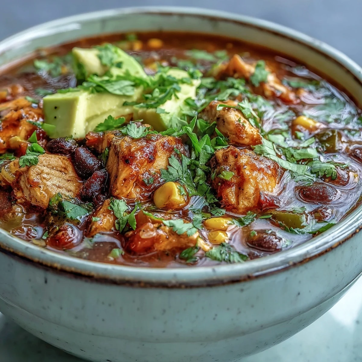 Steaming Southwestern Turkey Soup with tender turkey and black beans in a rustic bowl.