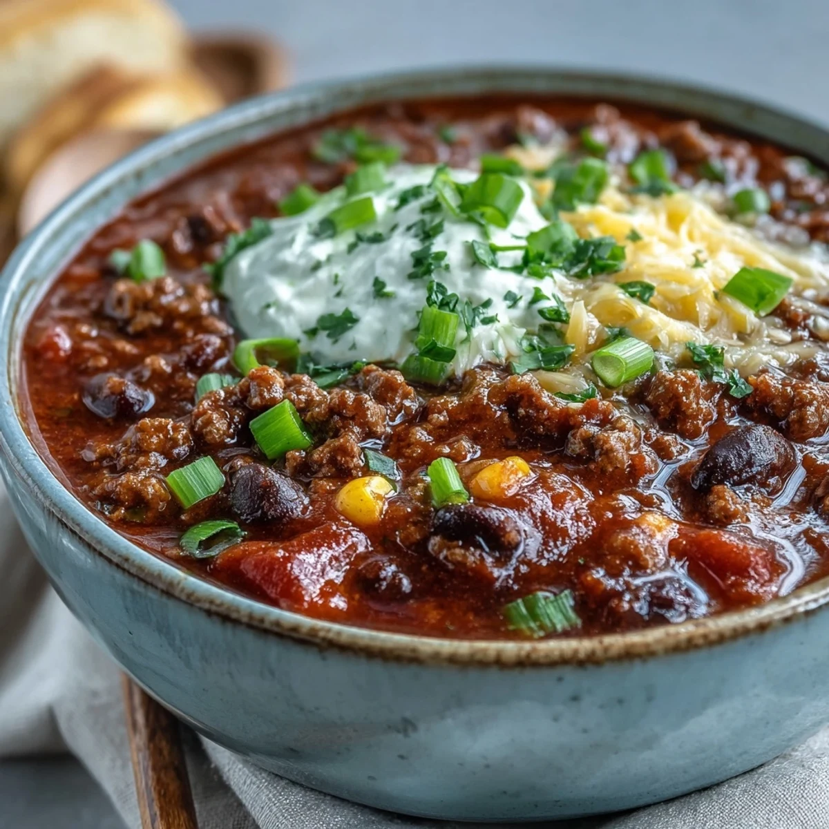 Creamy Taco Soup simmering in a rustic pot, topped with shredded cheddar, chopped green onions, and a dollop of sour cream next to lime wedges.
