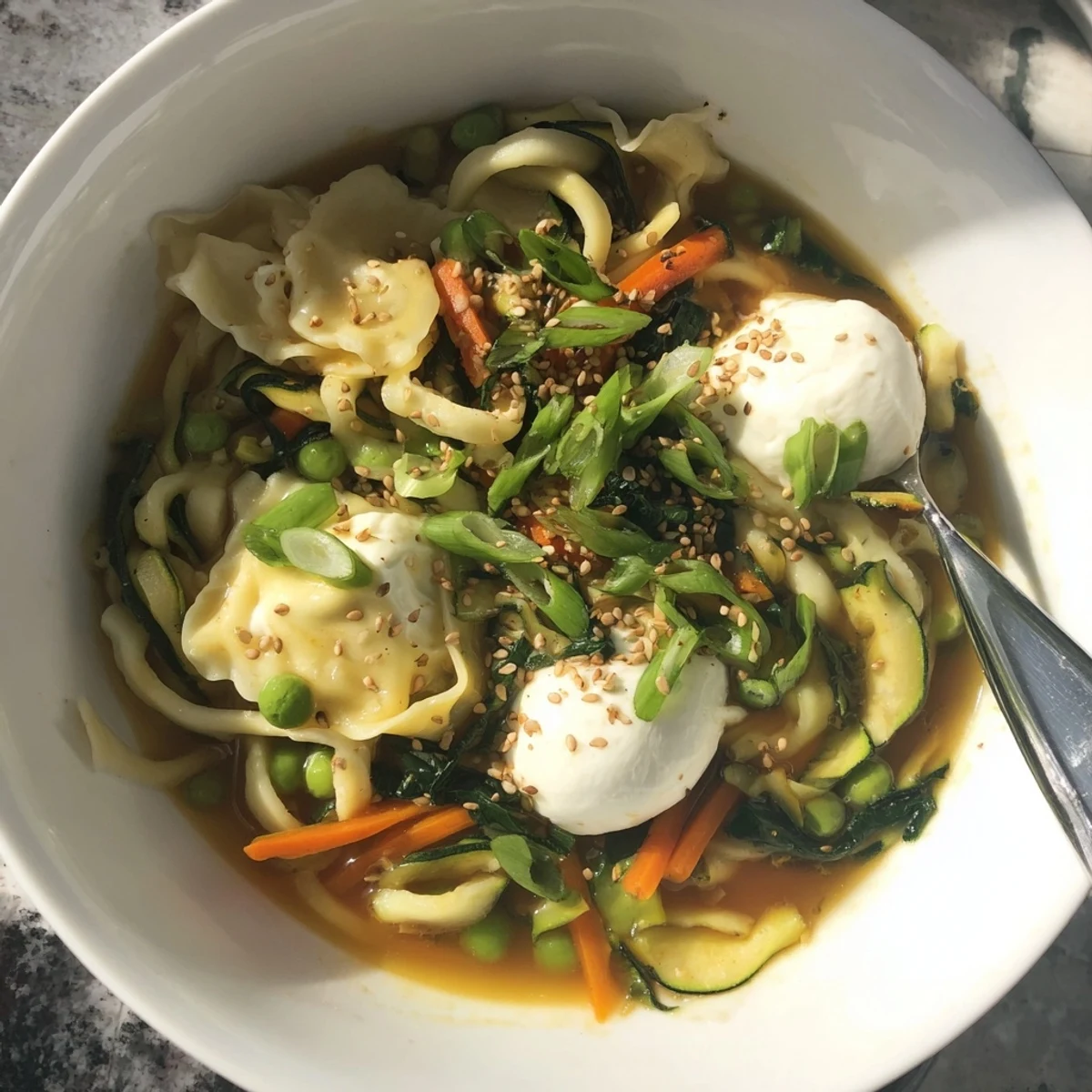 Comforting Sweet Soy Udon Lasagne Soup served steaming hot with cheese layers.  