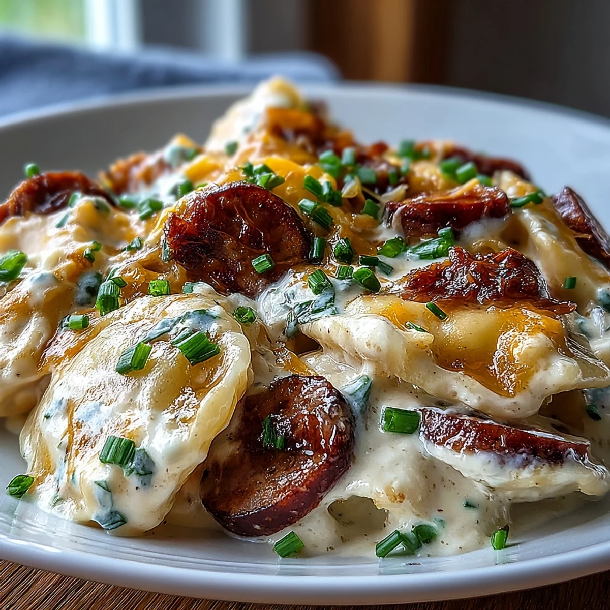 Slow-cooked Crockpot Pierogi Casserole with Kielbasa features bubbly cheese and golden onions.