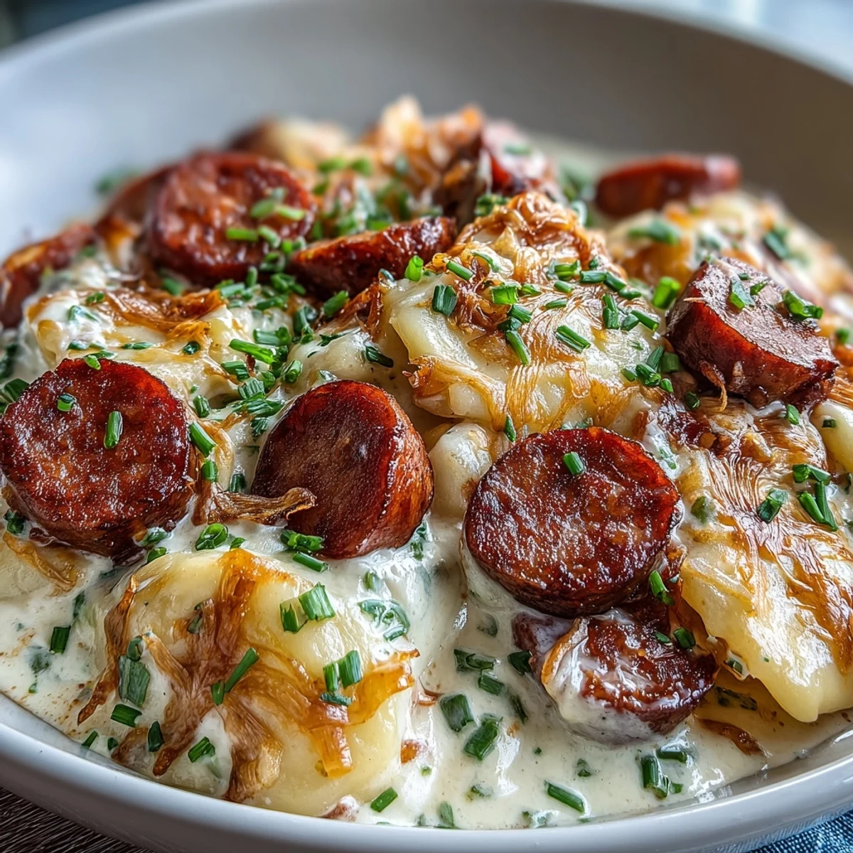 The creamy sauce coats pillowy pierogi with smoky sausage slices.