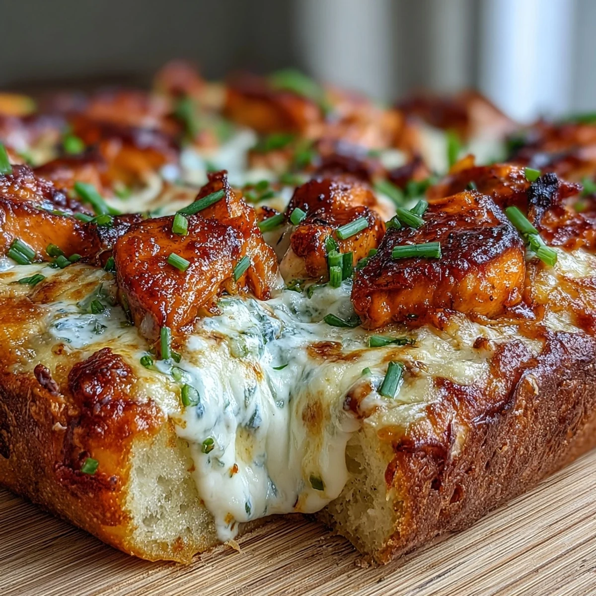 A freshly baked Buffalo Chicken Pizza with melted mozzarella and cheddar, sliced red onions, and chives, served on a wooden cutting board.