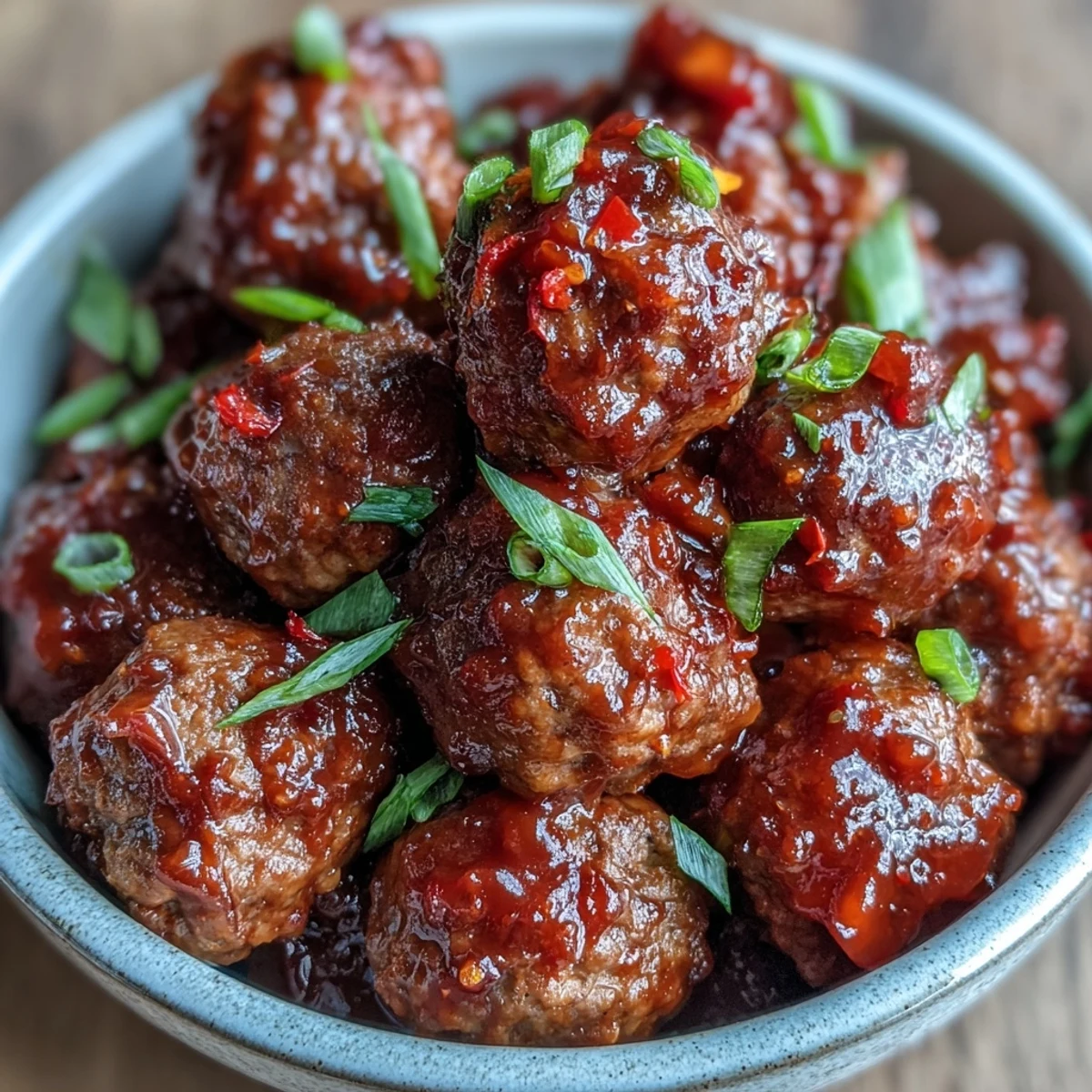A close-up of tender Easy Sweet and Sour Crock Pot Meatballs in a sticky, tangy apricot glaze, perfect for parties.