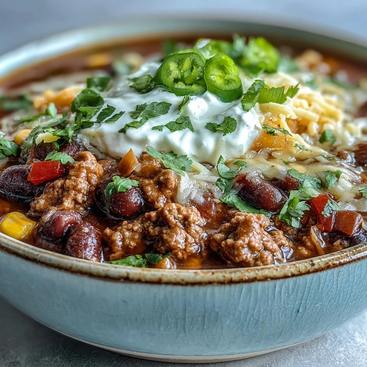 A warm bowl of Taco Soup topped with melted cheddar, sour cream, and crunchy tortilla chips.