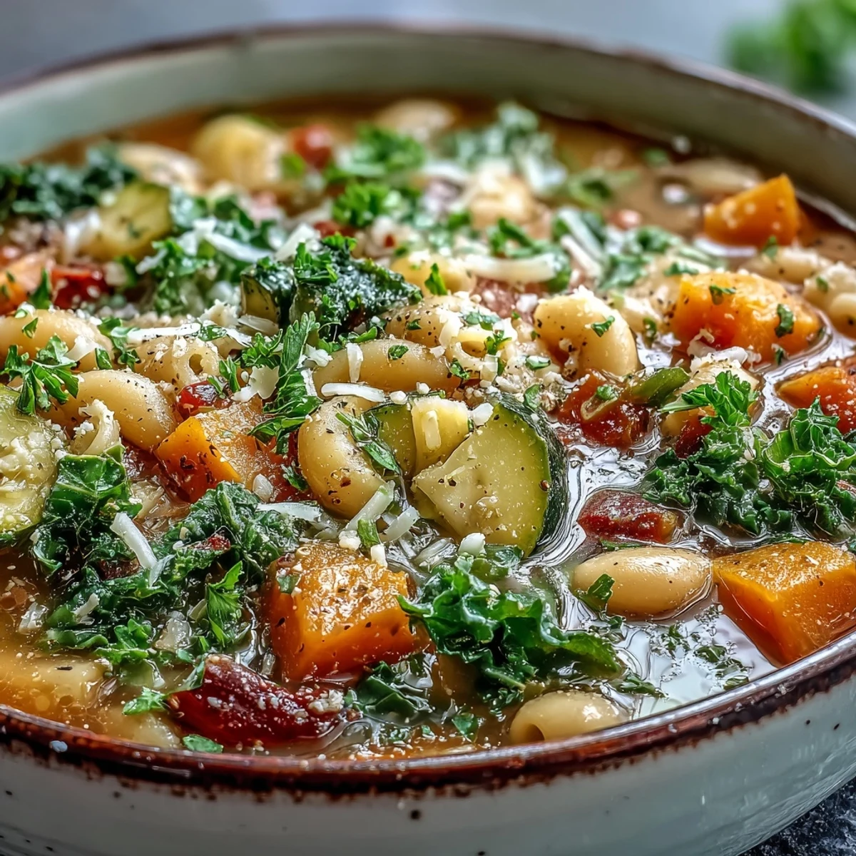 A steaming bowl of Winter Minestrone Soup, packed with colorful kale, butternut squash, and beans, ready to serve with crusty bread.