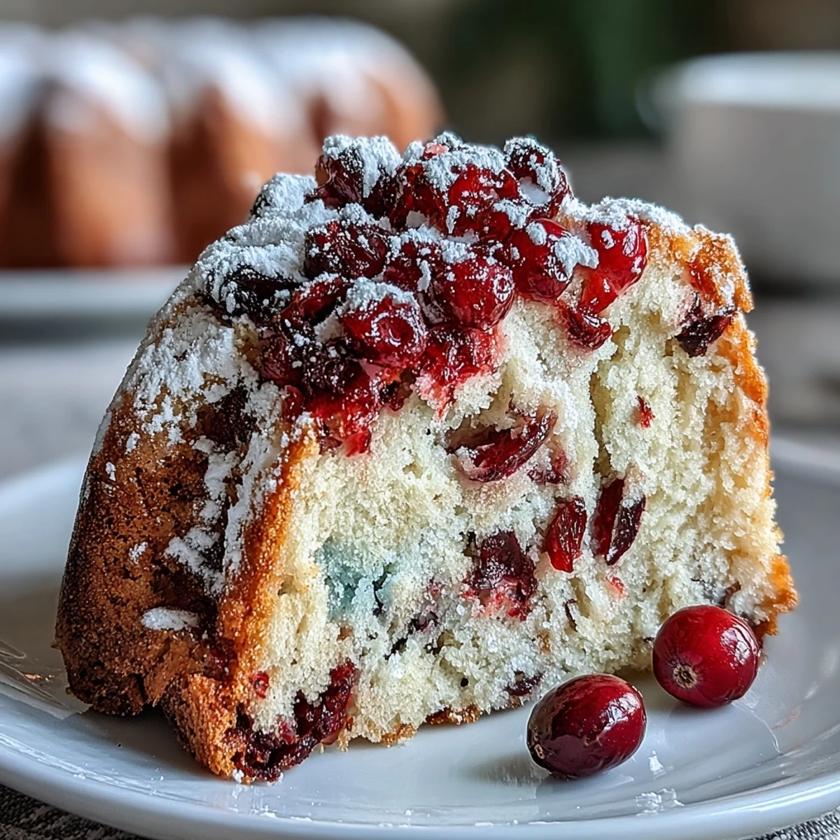 A slice of Cranberry Orange Breakfast Cake shows tender crumb with bright orange zest and tart cranberries, dusted with powdered sugar.
