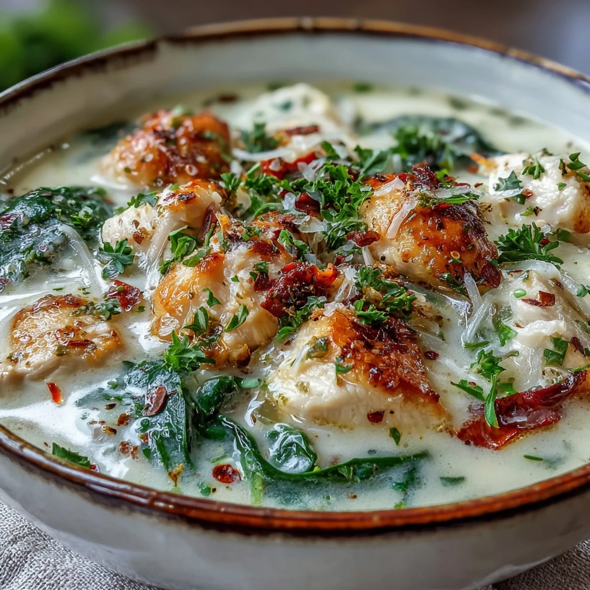 A comforting bowl of garlic paresan chicken soup, topped with extra cheese and served beside crusty artisan bread.
