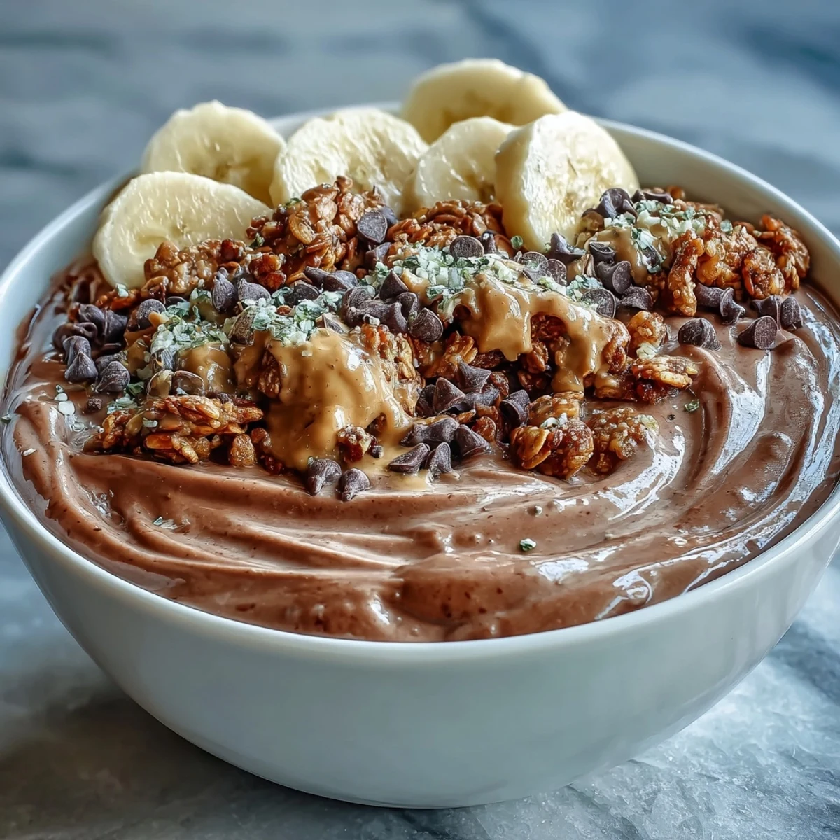 Thick, creamy chocolate smoothie bowl topped with banana slices, granola, and seeds in a glass bowl.  