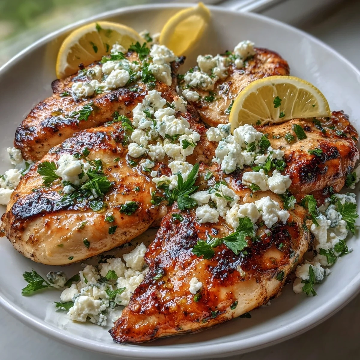 A vibrant plate of Greek Chicken with Lemon and Feta, topped with crumbled feta and fresh herbs.