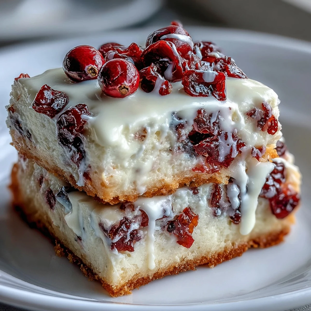 Golden-brown Cranberry Bliss Bars with white chocolate drizzle and zesty orange cream cheese frosting garnished with cranberries.  