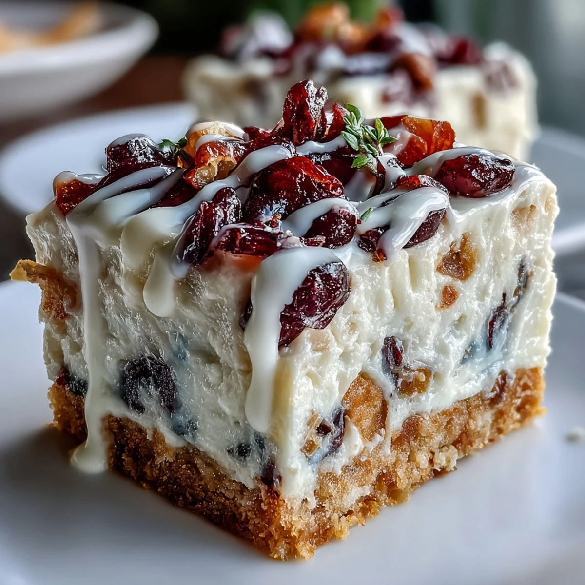 Cranberry Bliss Bars stacked on a plate, featuring a buttery base, white chocolate drizzle, and orange zest topping.