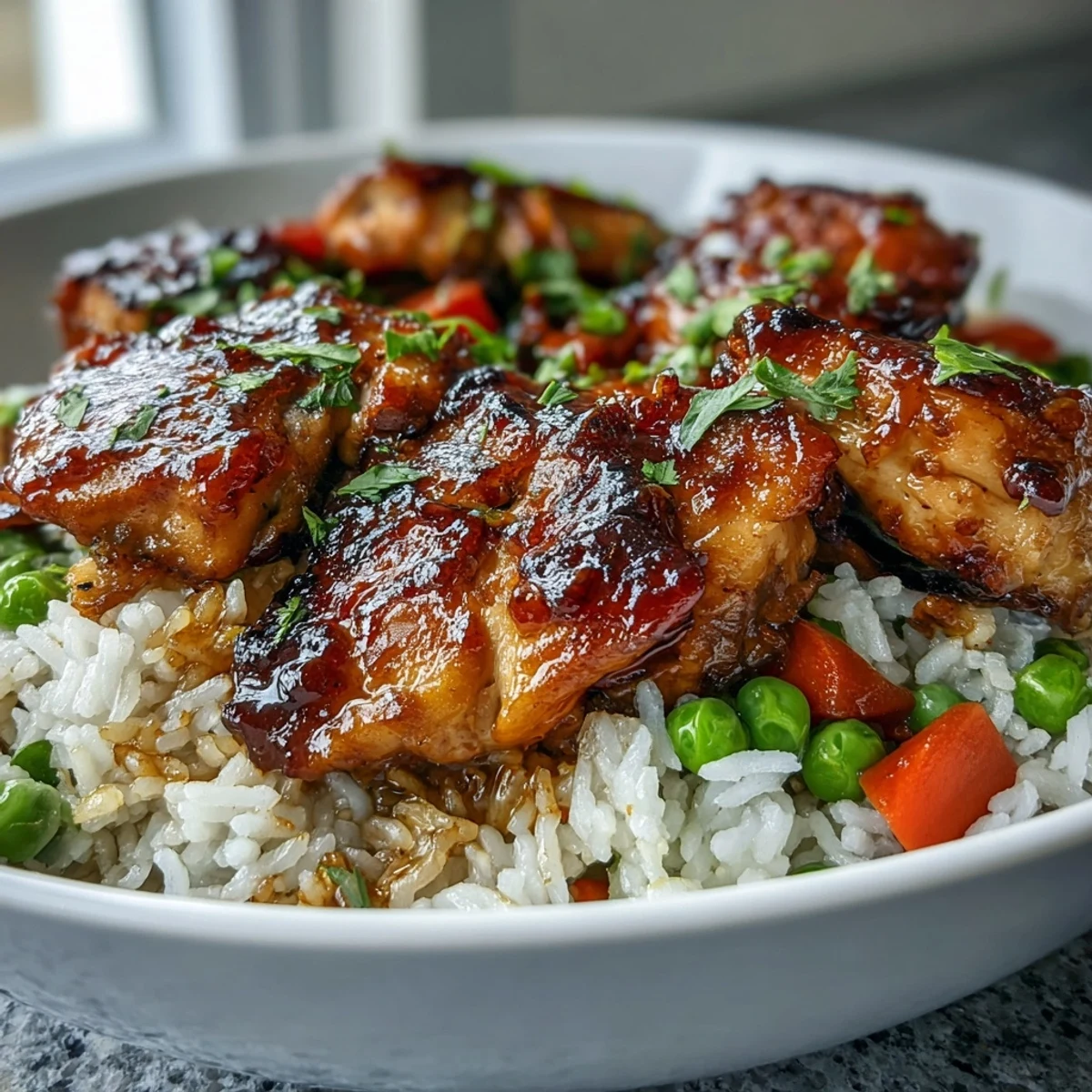 One-Pan Bold Honey BBQ Chicken Rice steaming in a skillet with colorful bell peppers and peas on top.