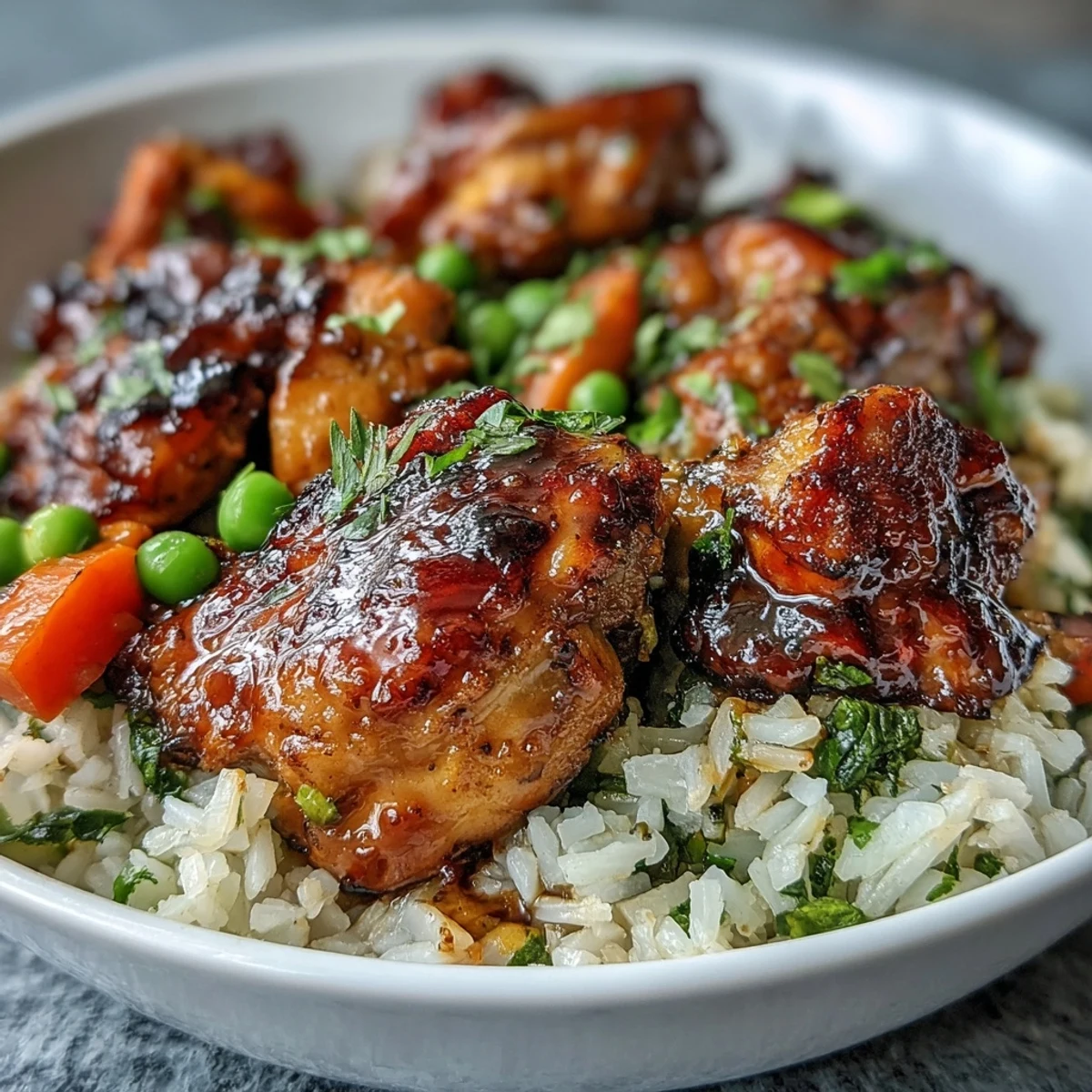 Golden rice and saucy chicken thighs served with a lime wedge and fresh salad for a hearty meal.