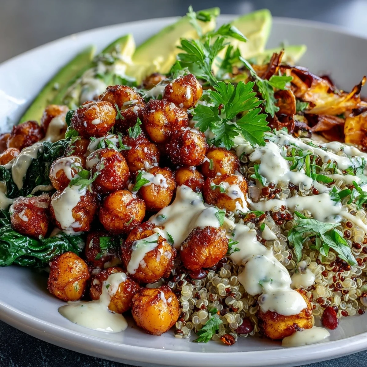 Close-up of the Roasted Chickpea Power Bowl showing golden roasted vegetables and chickpeas over greens, ready for a wholesome vegan dinner.