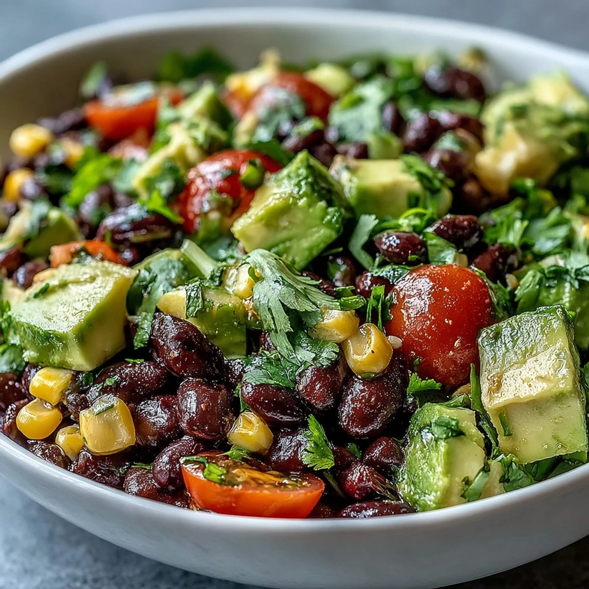 Vibrant Black Bean and Veggie Bowl brimming with sweet corn, juicy tomatoes, and creamy avocado, drizzled with zesty lime dressing.