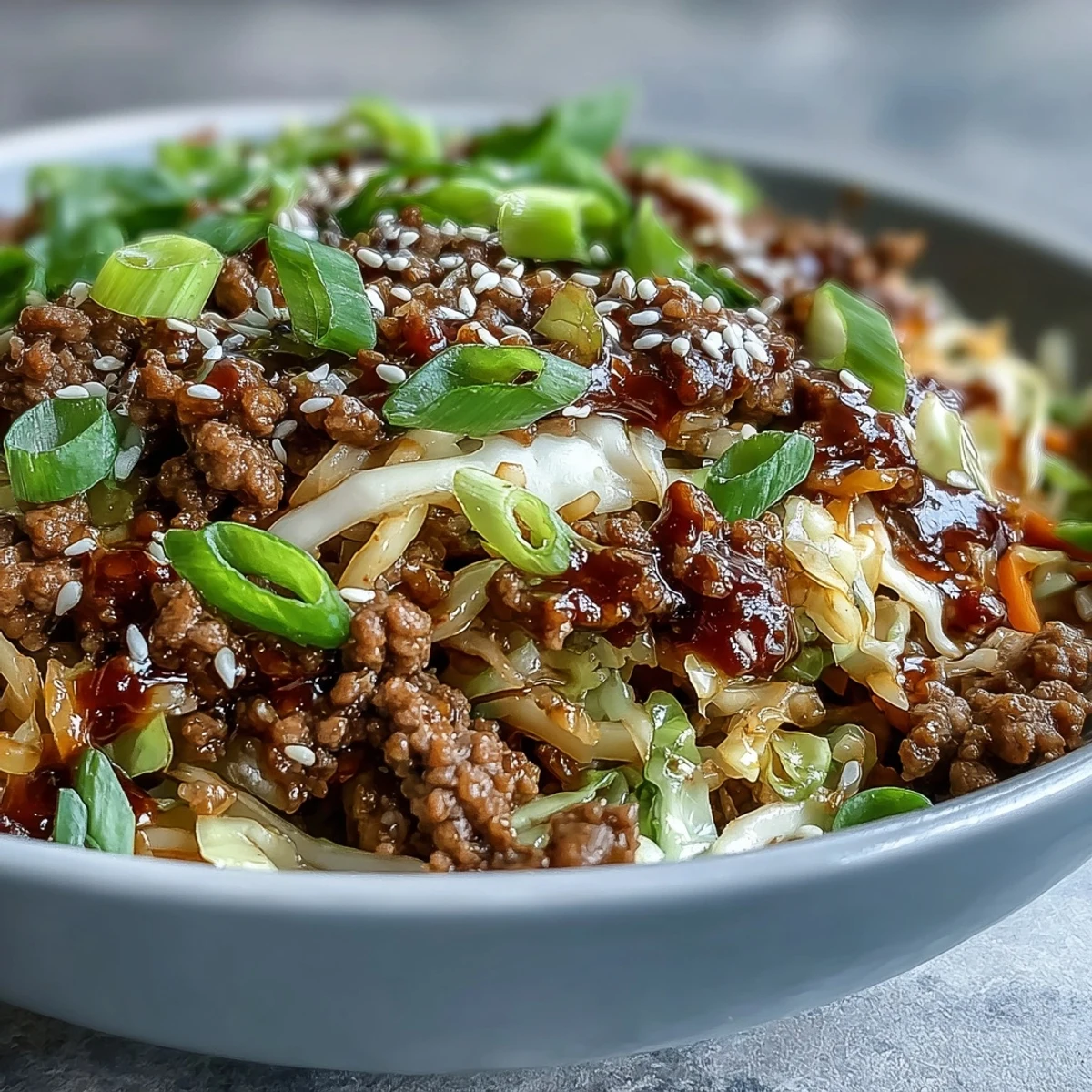 Golden ground pork sizzling in a skillet alongside crisp cabbage slaw for a quick Egg Roll in a Bowl dinner.