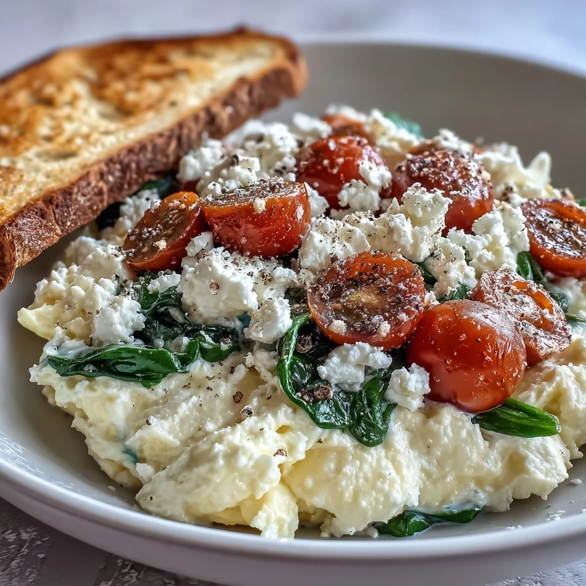 Vibrant Spinach and Feta Breakfast Bowl with fluffy scrambled eggs, sautéed greens, juicy tomatoes, and a slice of golden whole grain toast.