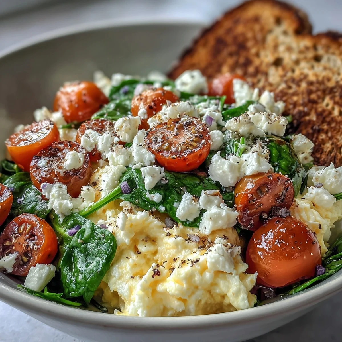Close-up of a savory Spinach and Feta Breakfast Bowl topped with creamy feta crumbles and fresh parsley, ready to eat for a healthy morning meal.