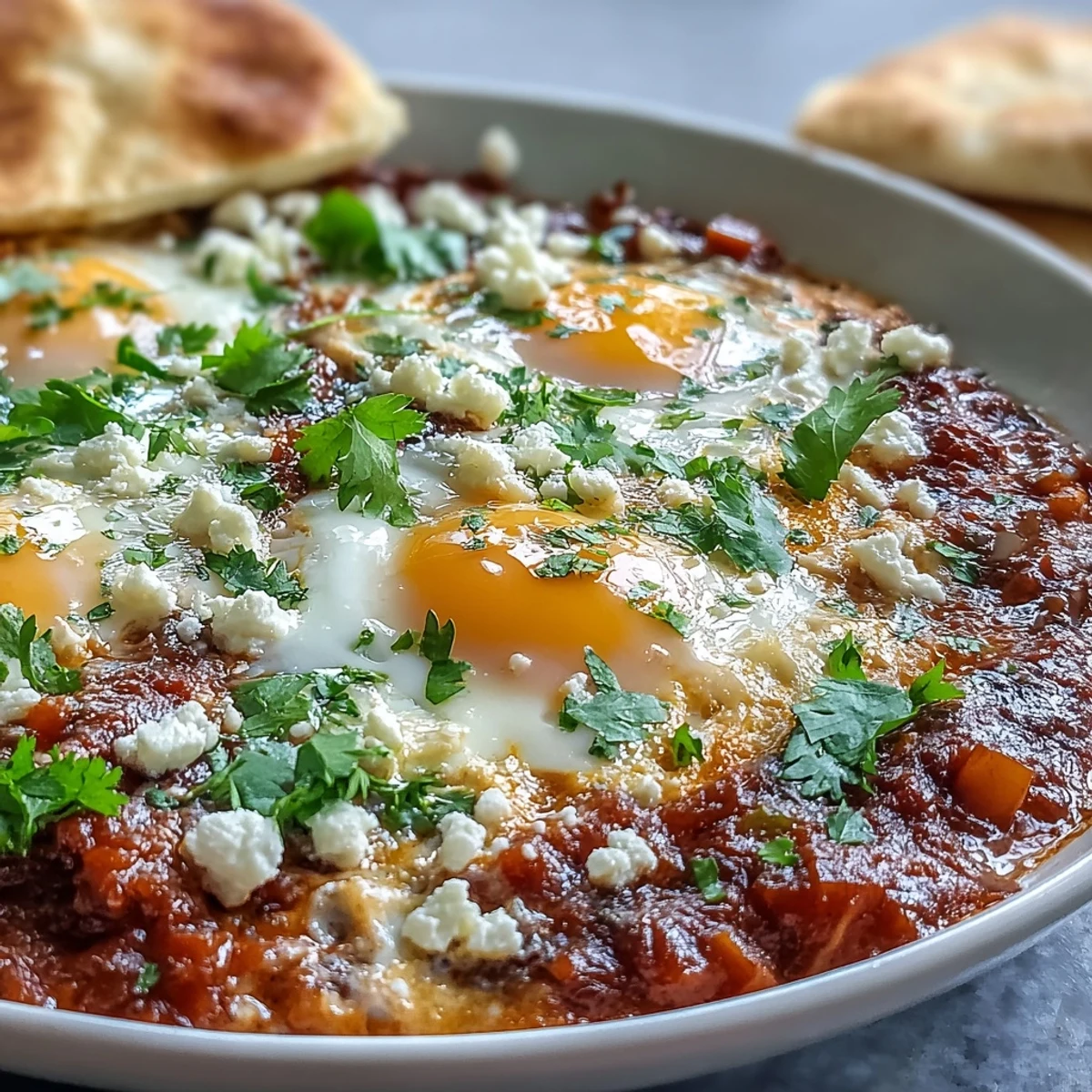 Spicy tomato and pepper sauce with poached eggs in a bubbling Shakshuka Bowl, served with warm pita bread for dipping.