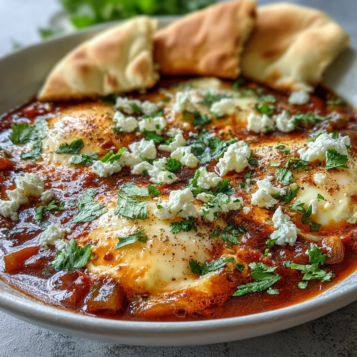 A skillet of steaming Shakshuka Bowl topped with fresh cilantro and crumbled feta, perfect with warm pita bread alongside.