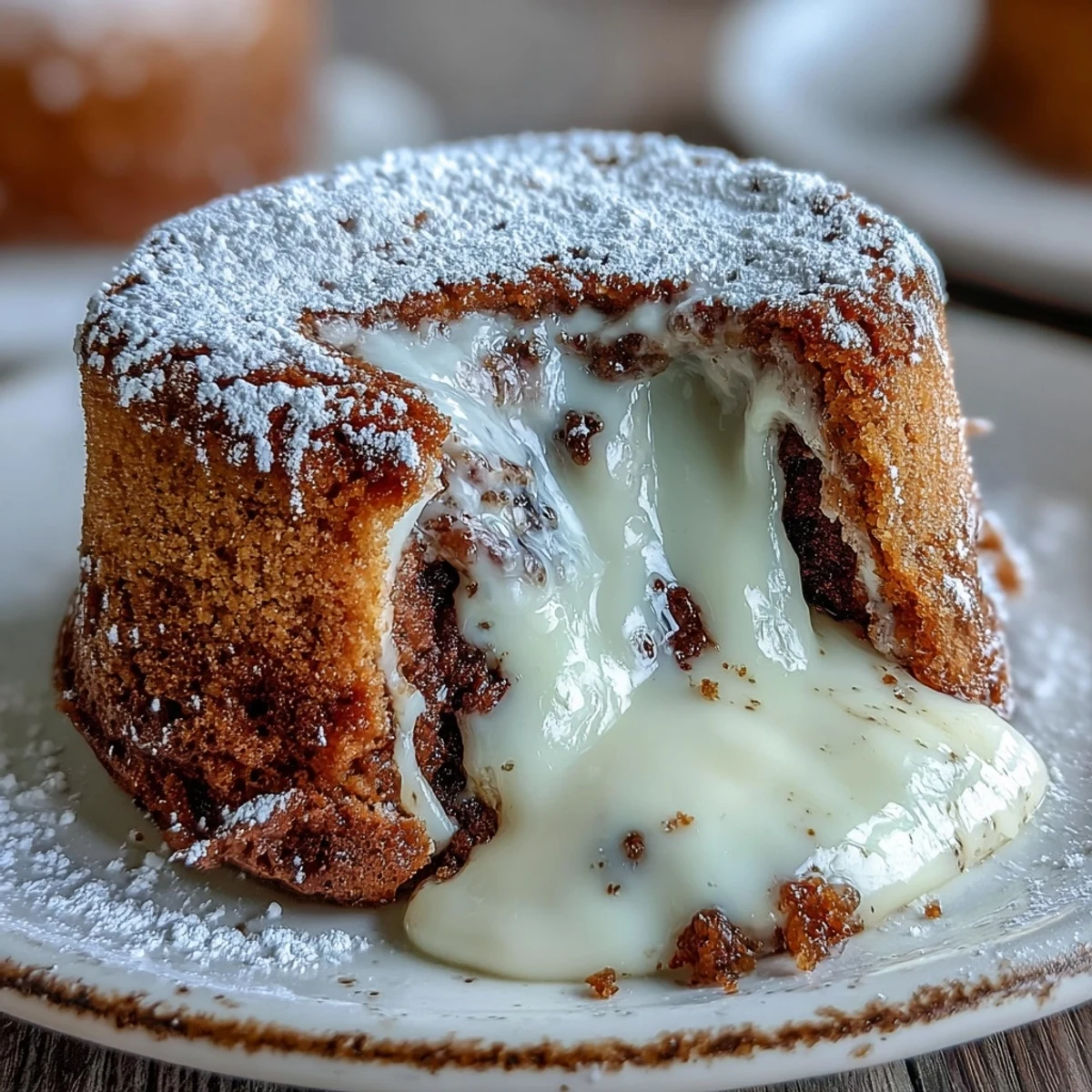 Golden-edged individual Hojicha White Chocolate Lava Cakes dusted with powdered sugar on a rustic plate.