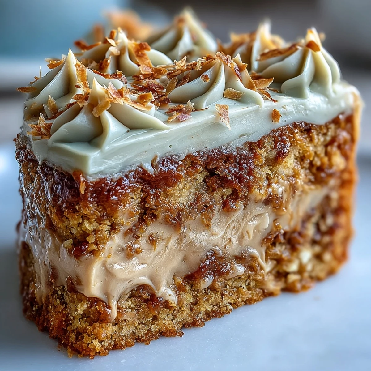 This slice of Vegan Hojicha Latte Cake reveals fluffy layers and toasted coconut flakes, served on a minimalist white plate.