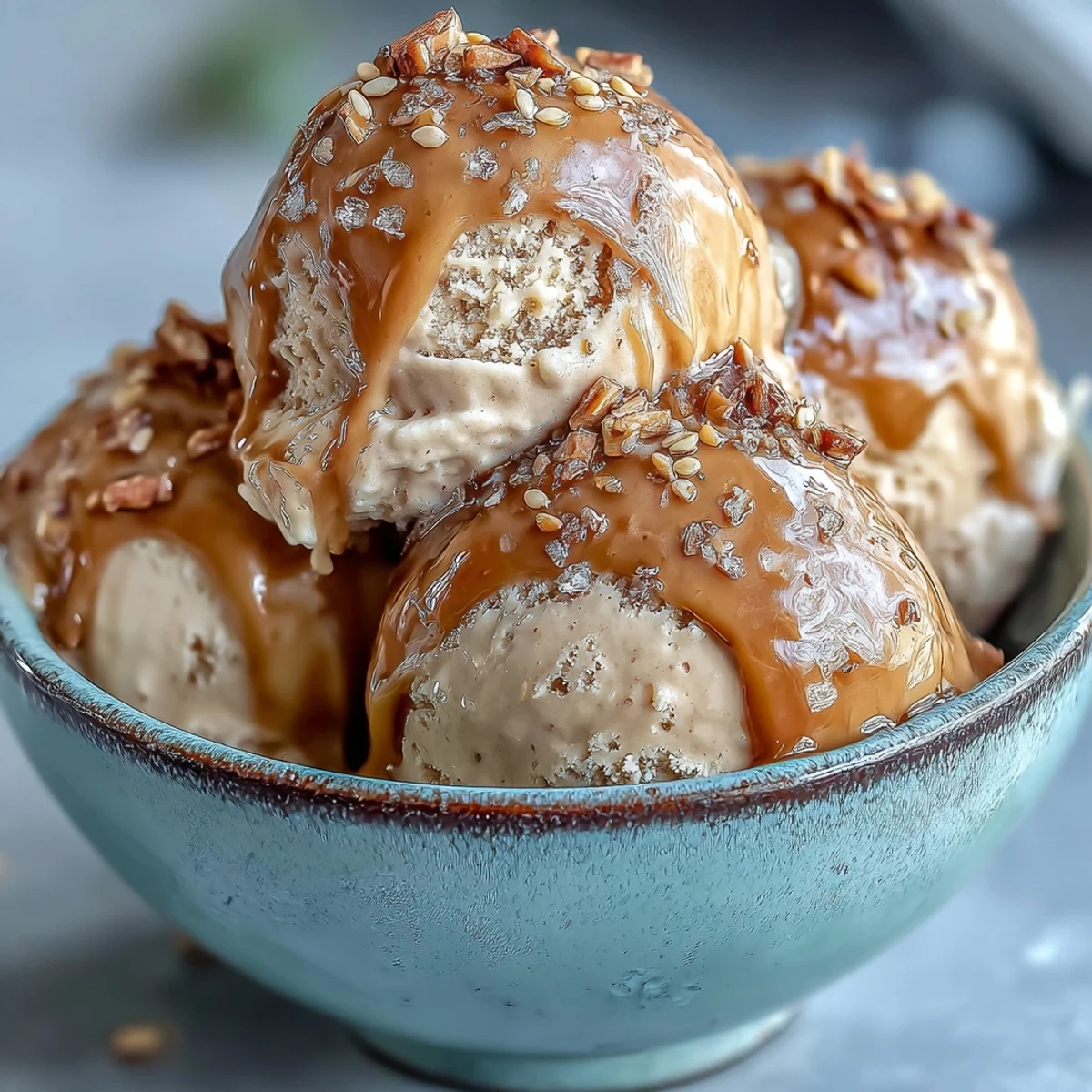 Hojicha Ice Cream in a ceramic bowl, swirled and ready to serve alongside delicate Japanese mochi.