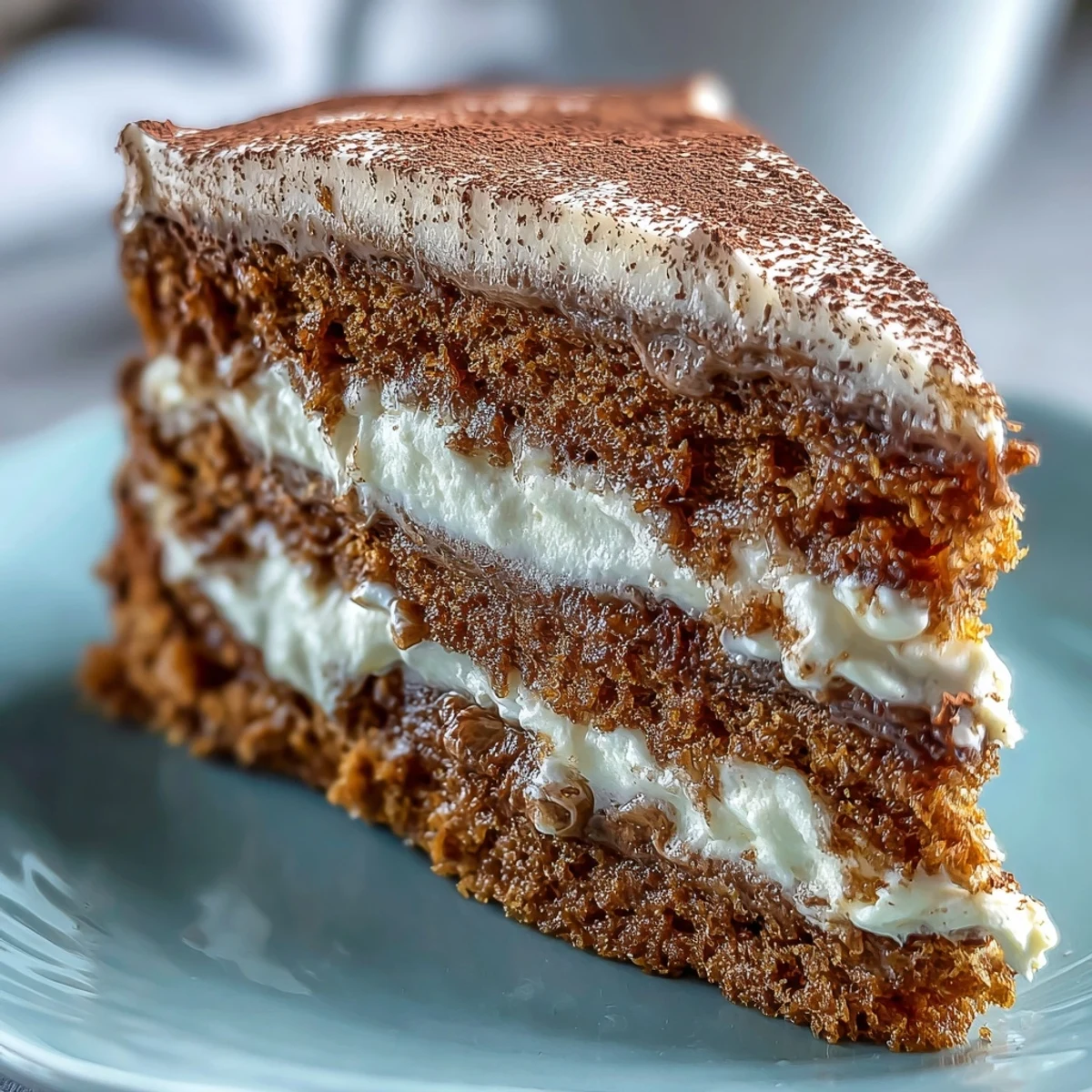 A slice of Fluffy Hojicha Cake reveals airy genoise layers and creamy hojicha frosting.