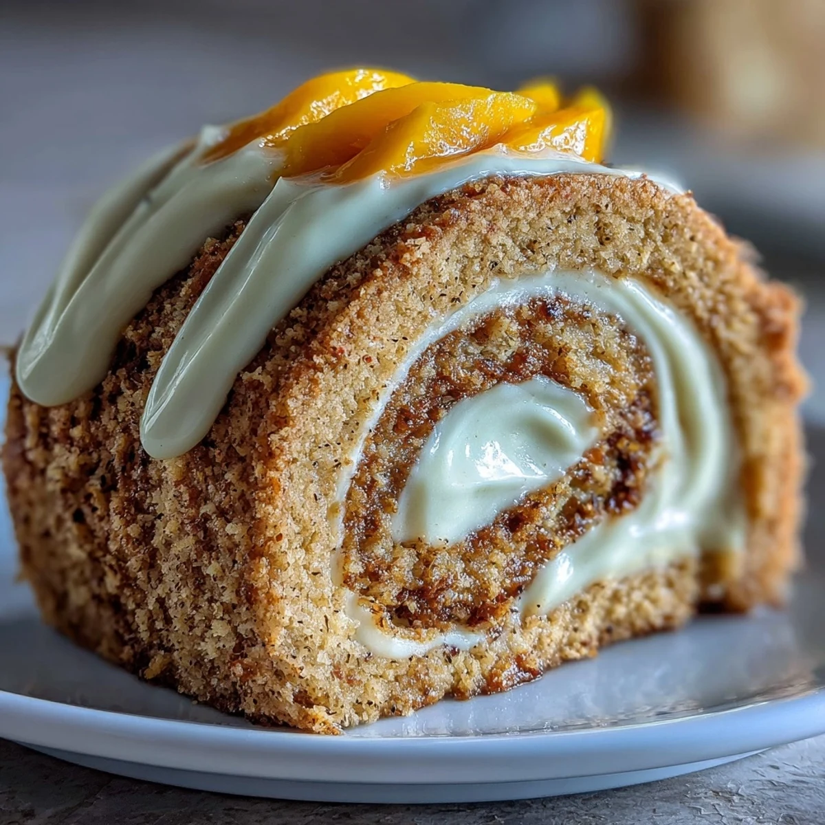 A whole Hojicha Roll Cake topped with whipped hojicha cream, dusted with roasted tea powder, and garnished with fresh mango slices.
