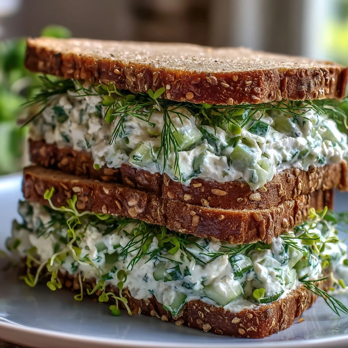 Open-faced Easy Cucumber Salad Sandwiches garnished with fresh dill, served on a rustic wooden board.