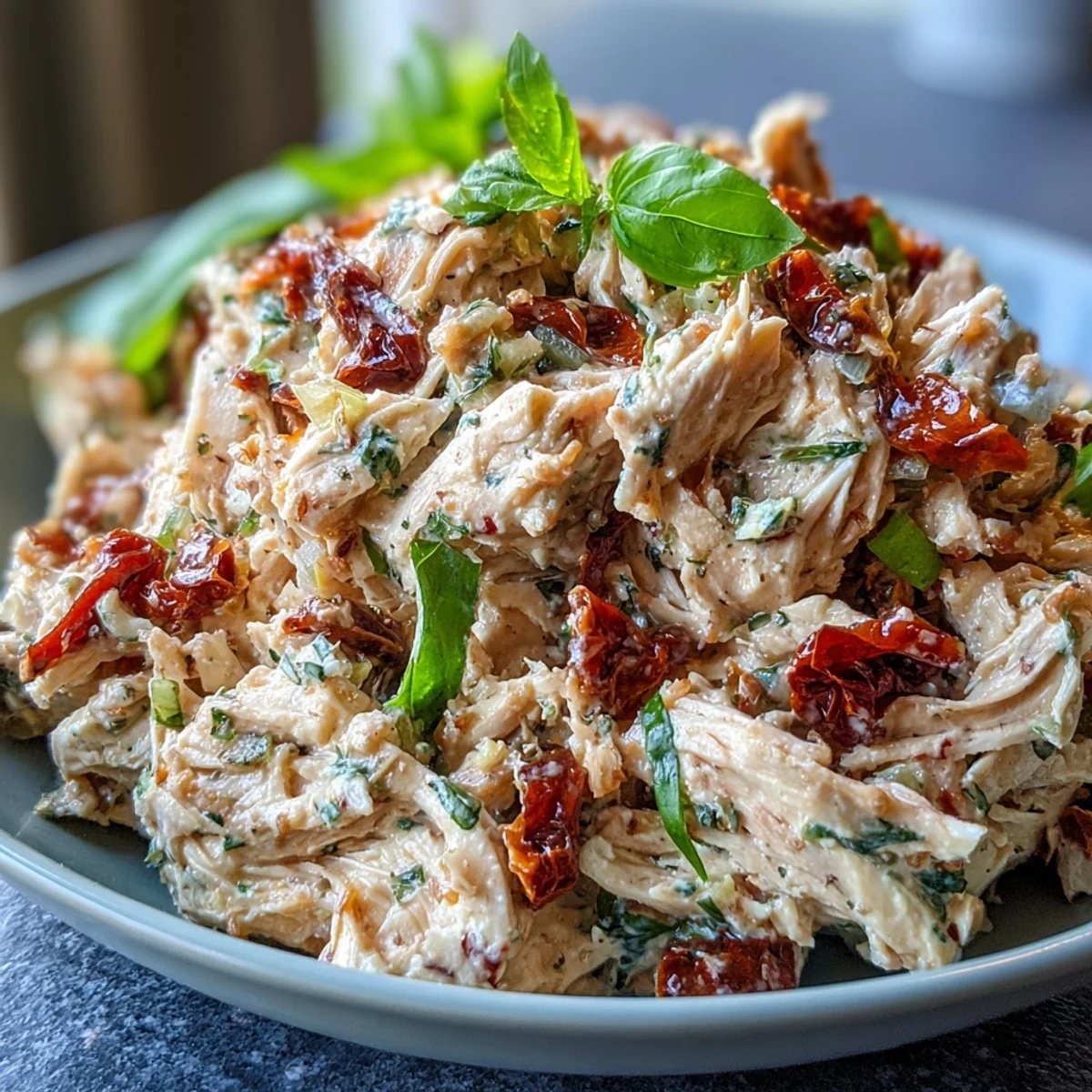 Sun-dried tomato chicken salad in a white bowl with creamy basil dressing, celery, and red onion.