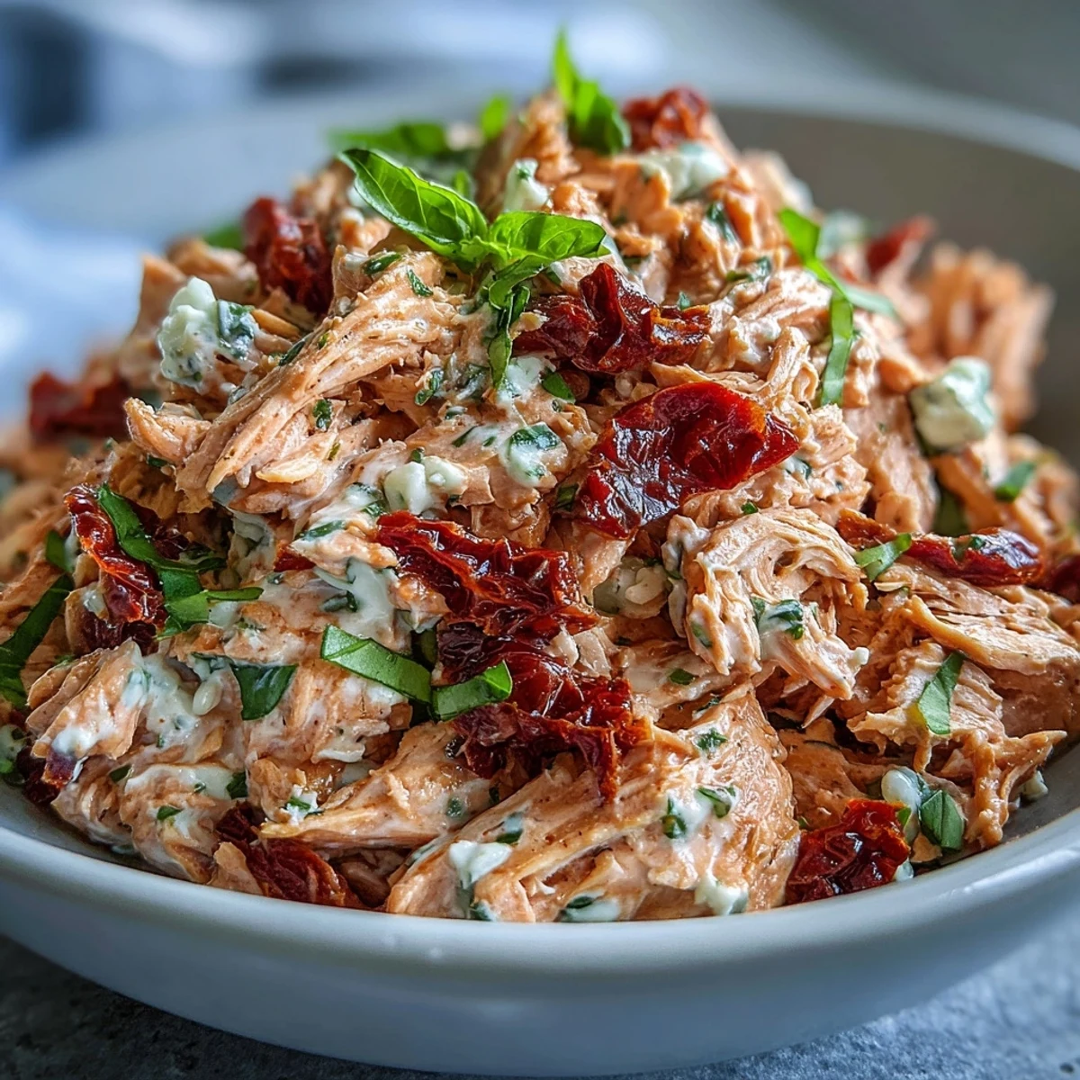 A vibrant bowl of sun-dried tomato chicken salad, ready for sandwiches, wraps, or with crackers.