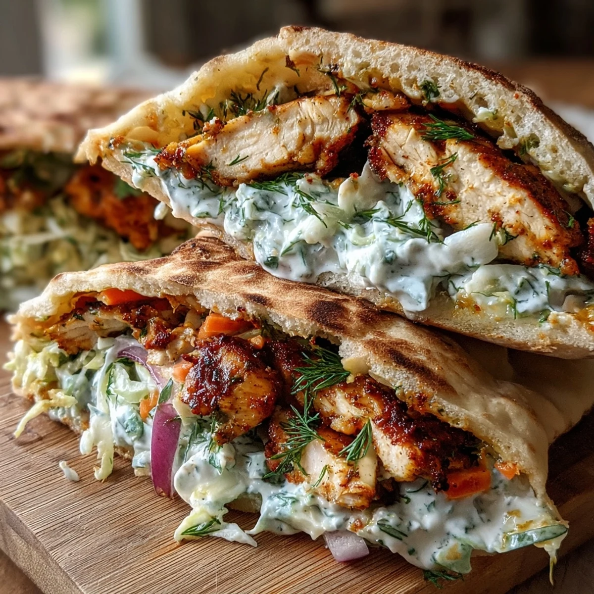 Golden-brown, spiced chicken slices stuffed into a warm pita, overflowing with creamy herby ranch slaw and fresh veggies.