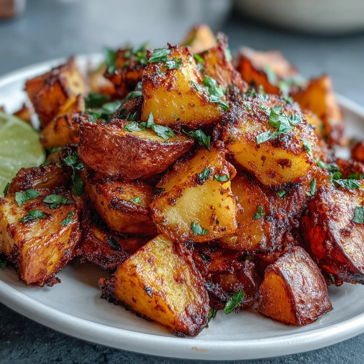 Crispy diced Spicy Mexican-Style Street Potatoes topped with lime and creamy crema on a plate.