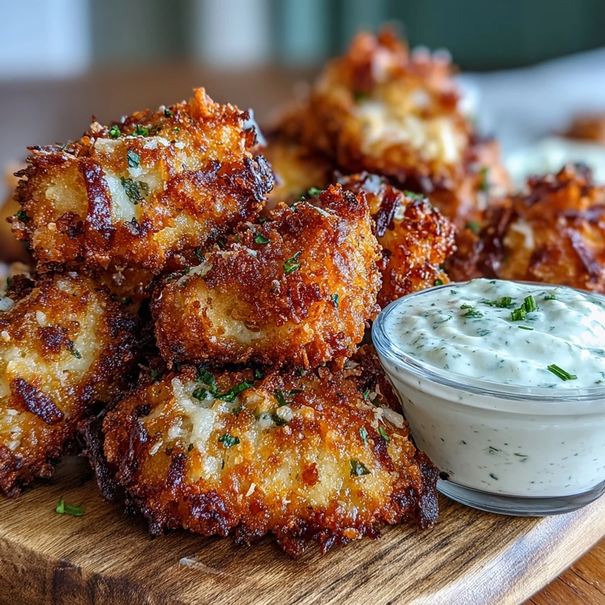Golden-brown Asiago Panko Chicken Bites resting on a rustic wooden board, ready for dipping.