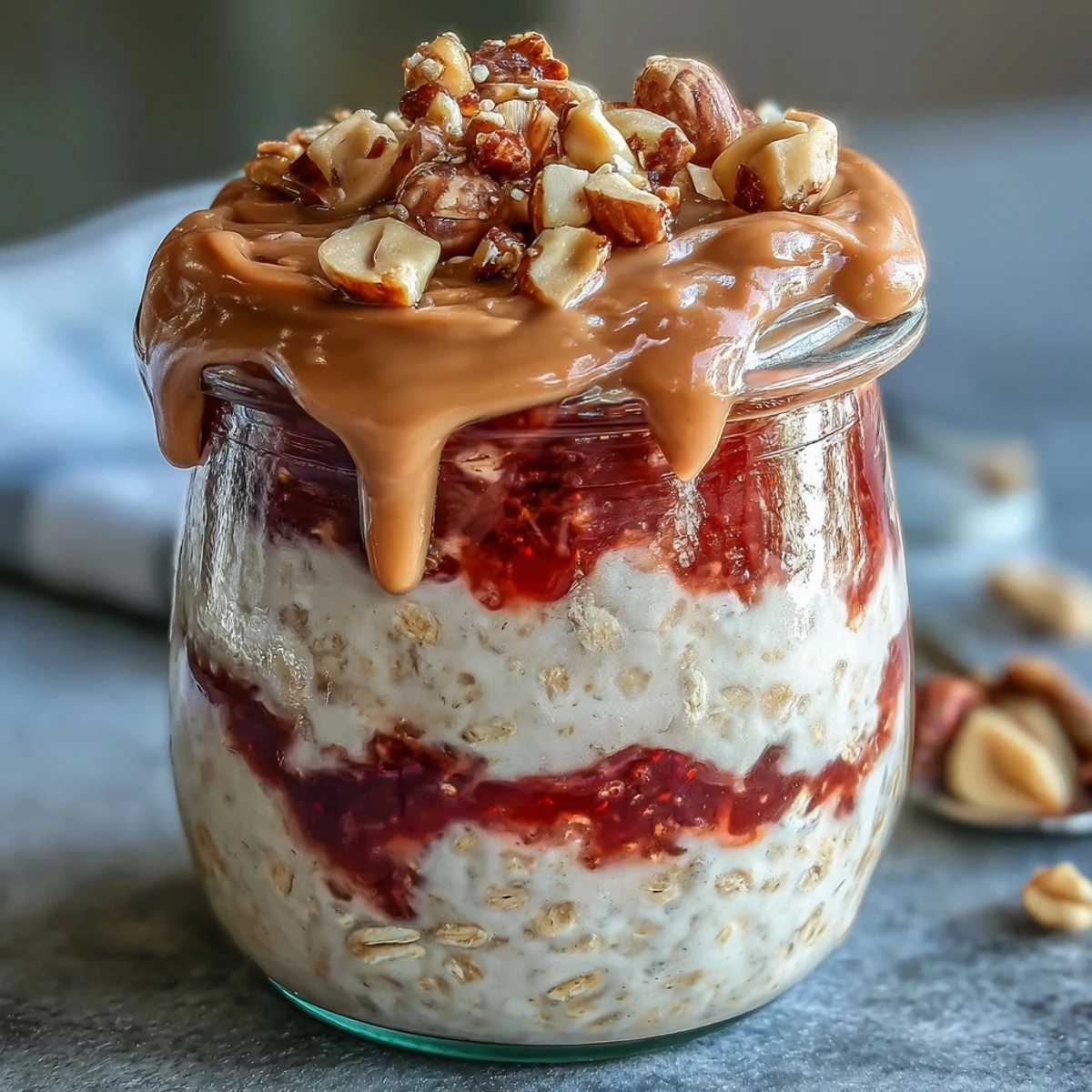 Creamy overnight oats swirled with vibrant strawberry jam, topped with sliced berries and a peanut butter drizzle.  