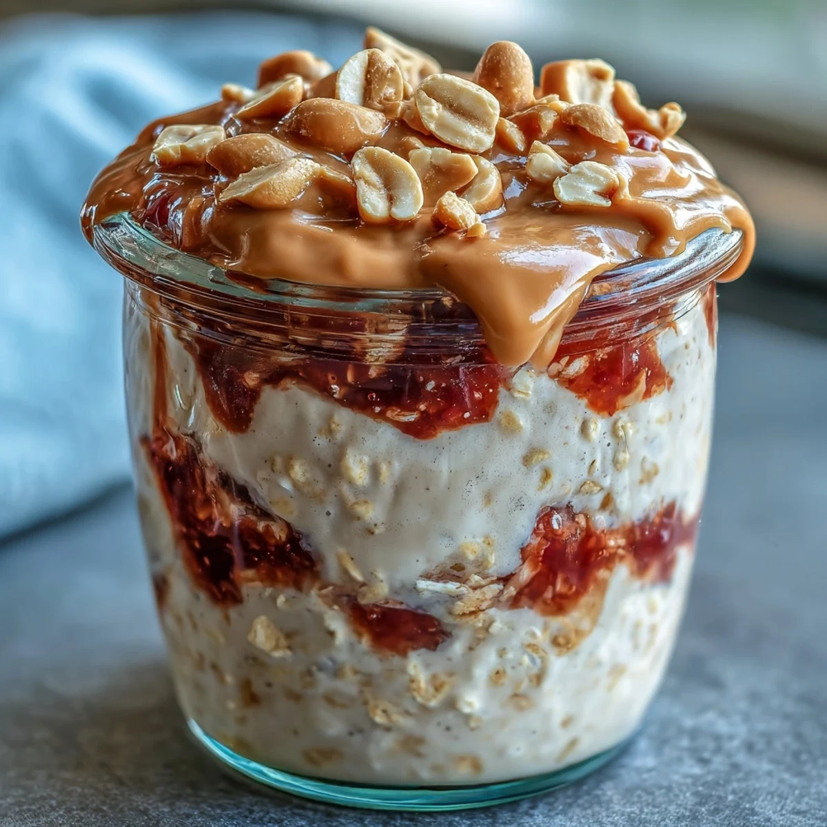 Ready-to-eat breakfast jars of High-Protein Peanut Butter & Jelly Overnight Oats, garnished with crushed peanuts and fresh strawberries.