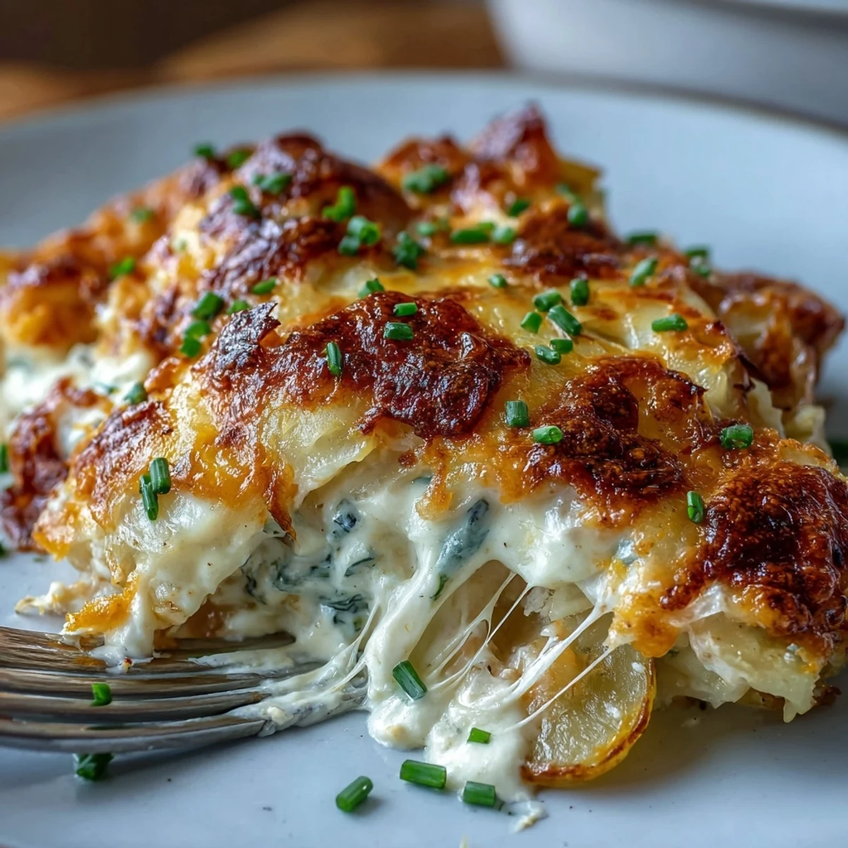 Golden, bubbly cheddar tops layers of tender chicken and thinly sliced potatoes in a creamy ranch sauce in this Creamy Ranch Chicken Potato Bake, served in a white baking dish.