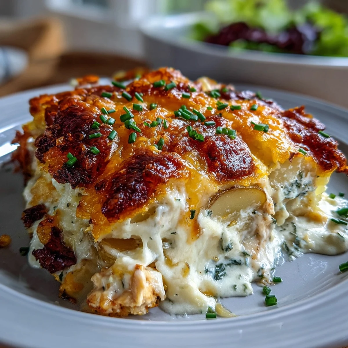The finished Creamy Ranch Chicken Potato Bake in a rustic casserole dish, garnished with fresh green chives and ready to be served as a family dinner.