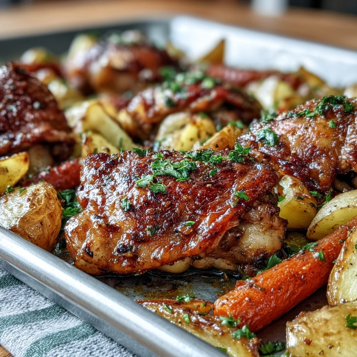 Golden-brown ranch chicken thighs with roasted potatoes and carrots on a sheet pan, garnished with fresh parsley.