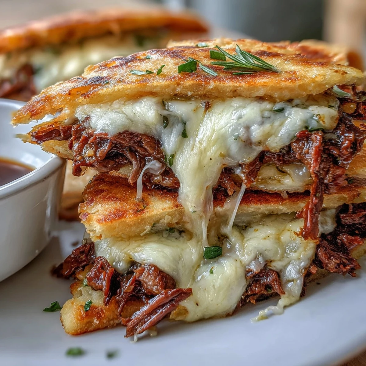 Slow-cooked shredded beef and melted cheese stuffed inside warm, toasted garlic naan for a hearty fusion meal.