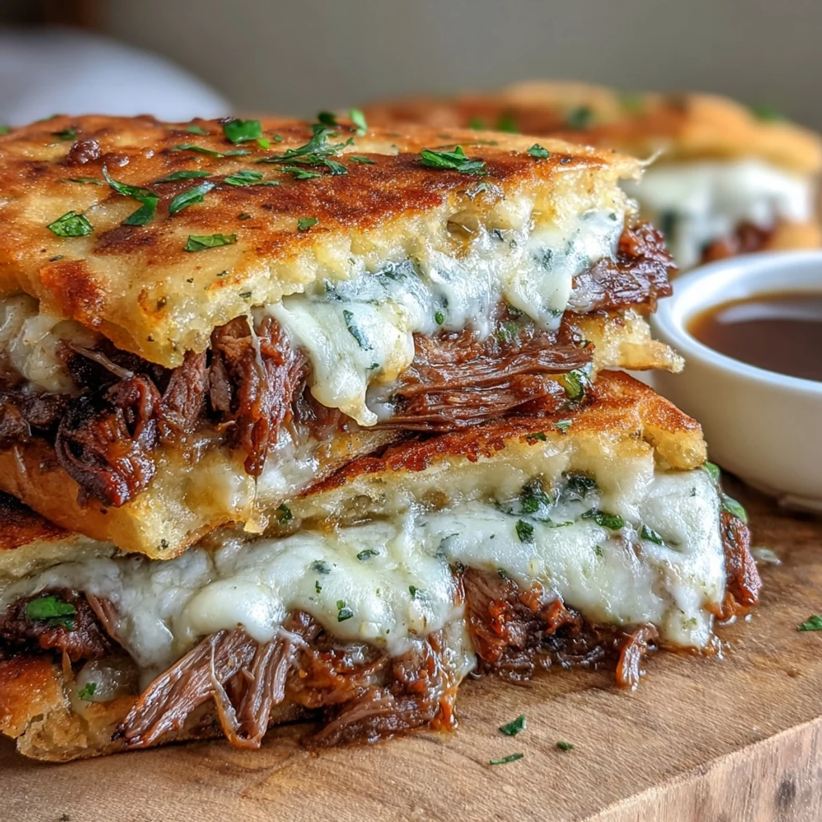 Golden, crispy folded naan bread piled high with tender beef and gooey mozzarella, served with a side of rich jus.