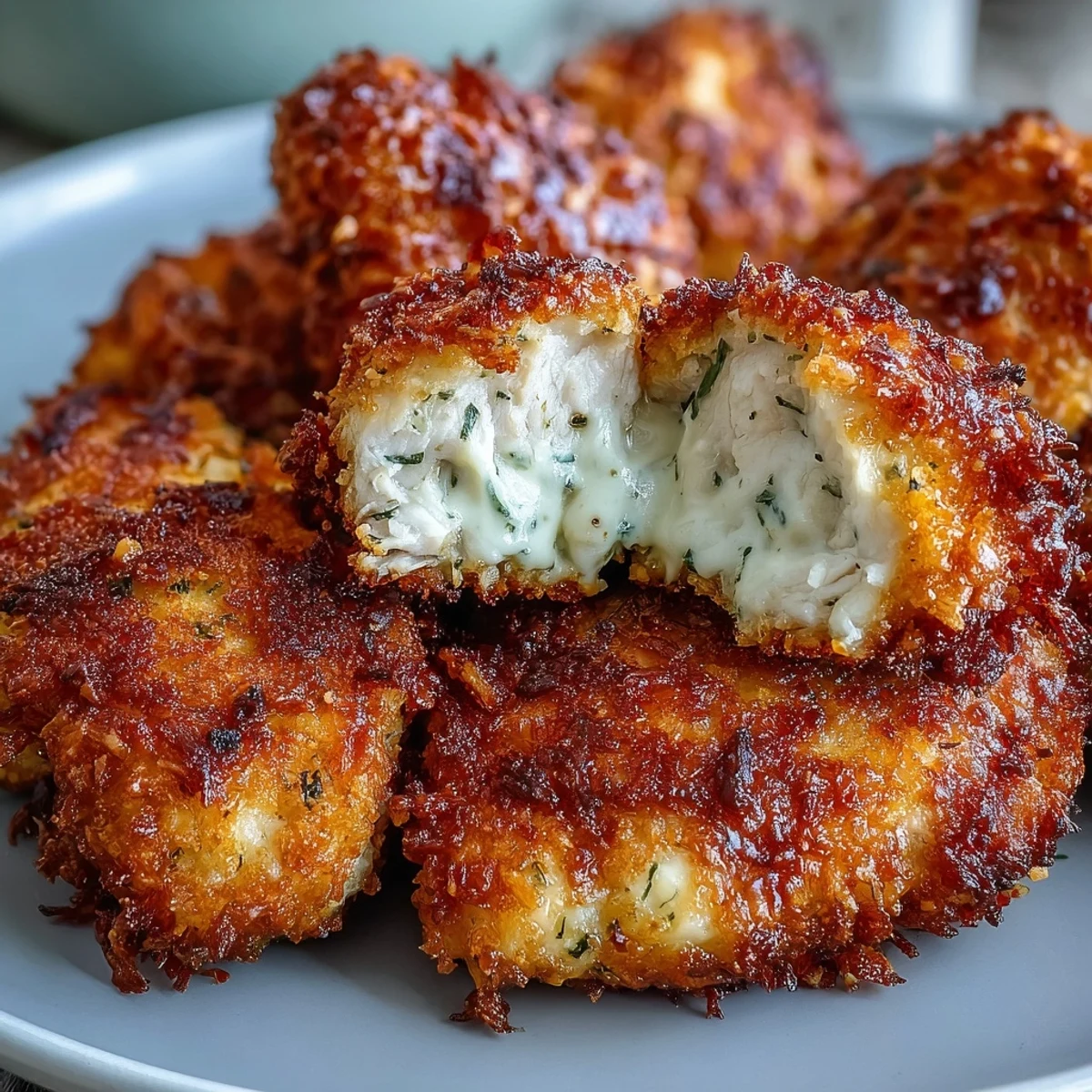 Juicy Asiago Panko Chicken Bites resting on a bed of fresh mixed greens salad for a light meal.